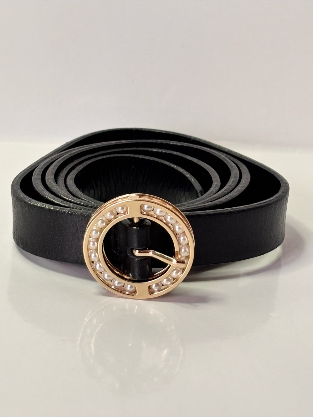 Simons Leather Belt Elegant Pearl Gold Metal Buckle size M